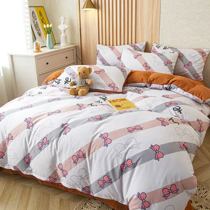 Cute cat bear print pink & blue bedding set bedroom decor