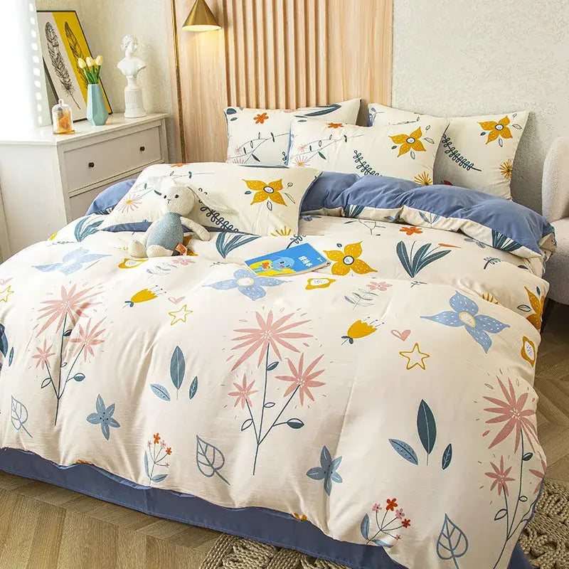Cute cat bear print pink & blue bedding set bedroom decor