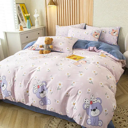 Cute cat bear print pink & blue bedding set bedroom decor