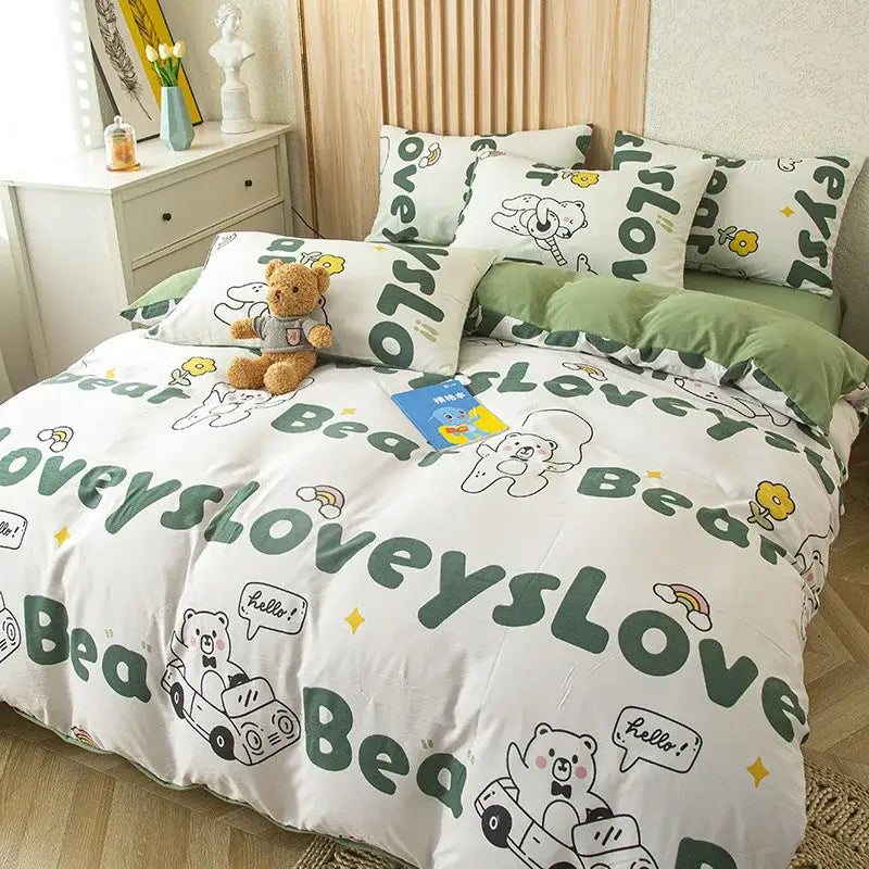 Cute cat bear print pink & blue bedding set bedroom decor