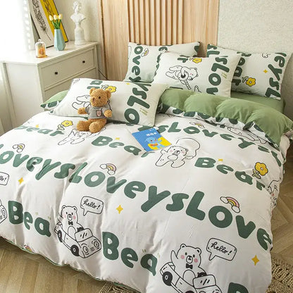 Cute cat bear print pink & blue bedding set bedroom decor