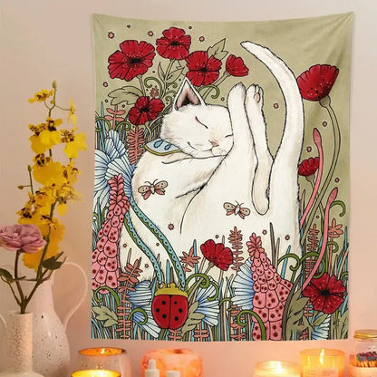 Cute cat botanical flower ins style cream tapestry bedroom wall art