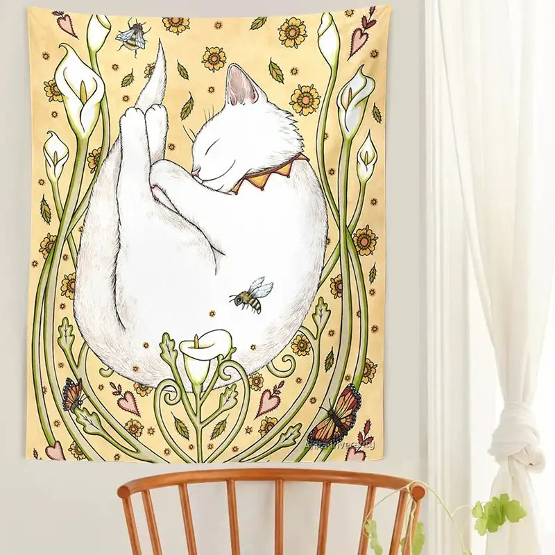 Cute cat botanical flower ins style cream tapestry bedroom wall art