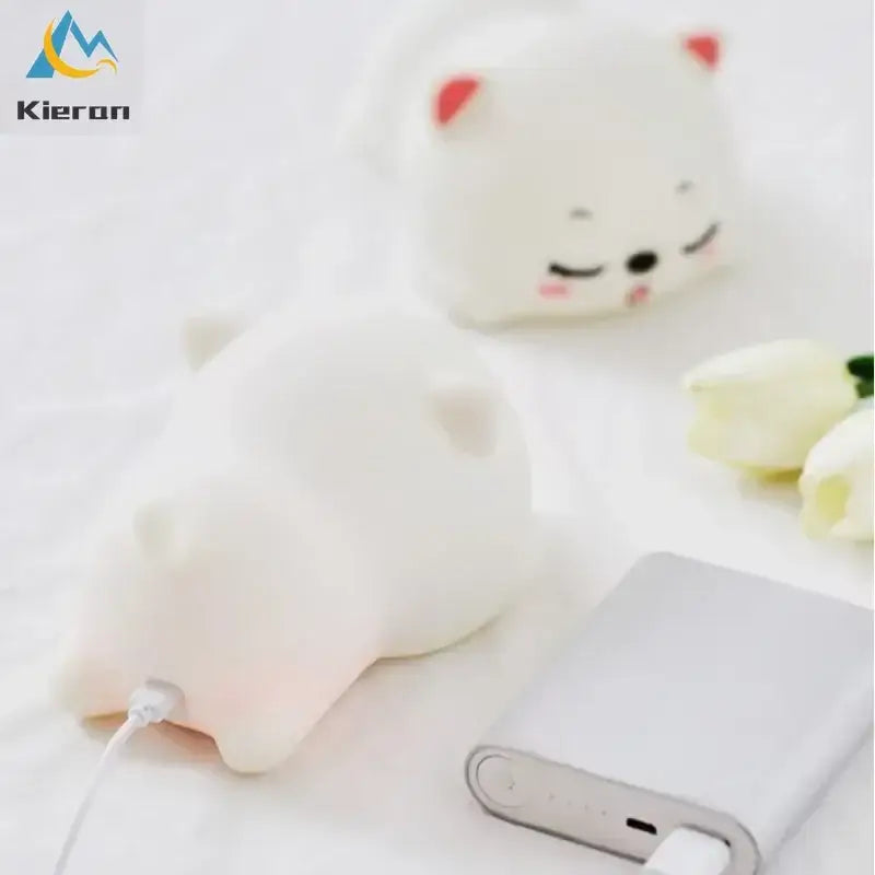 Cute cream cat silicone led night light bedroom decor