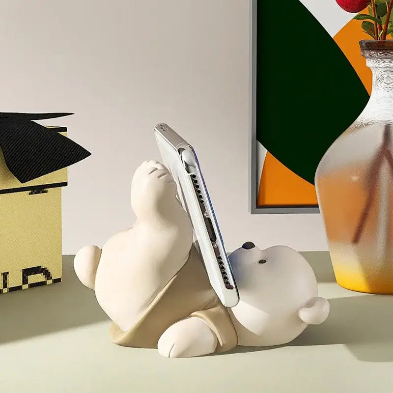 Cute cream ceramic bear cellphone stand bedroom desktop ornament
