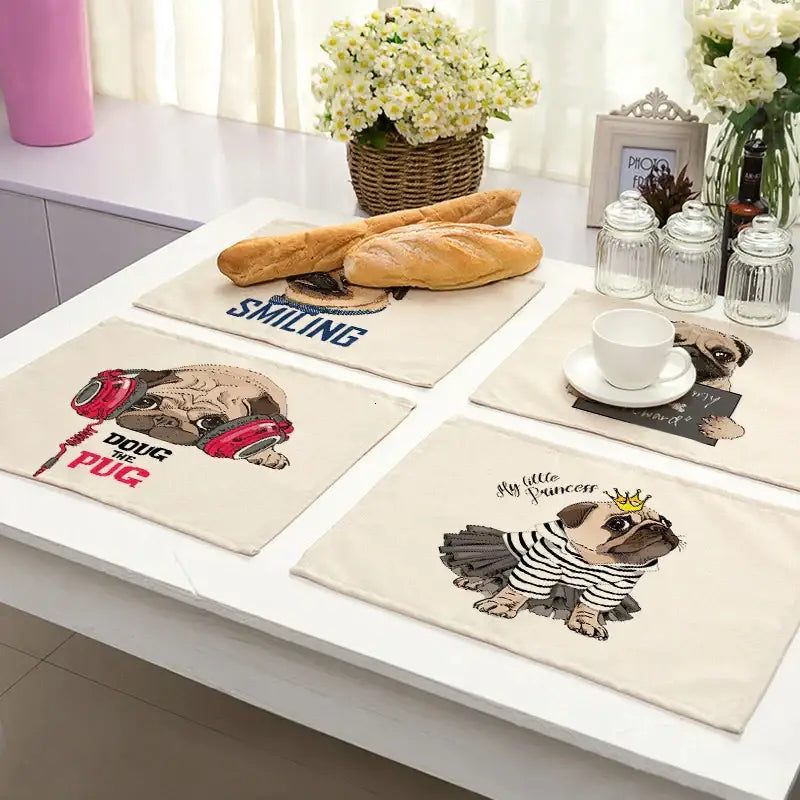 Cute dog linen dining mats set of 6 pug illustrations