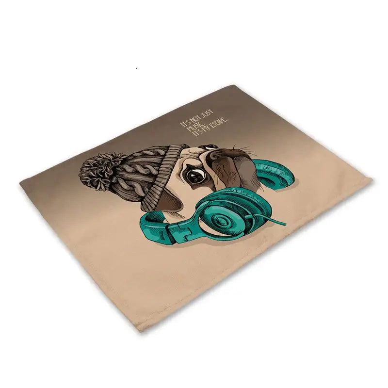 Cute dog linen dining mats set of 6 pug illustrations
