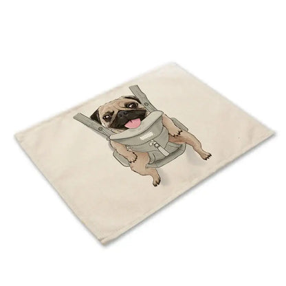 Cute dog linen dining mats set of 6 pug illustrations