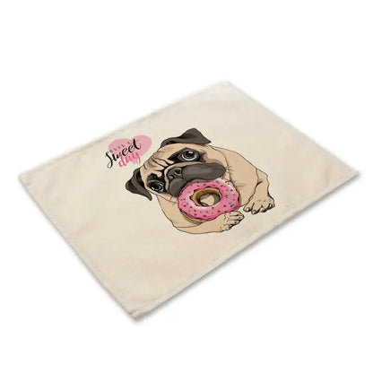 Cute dog linen dining mats set of 6 pug illustrations