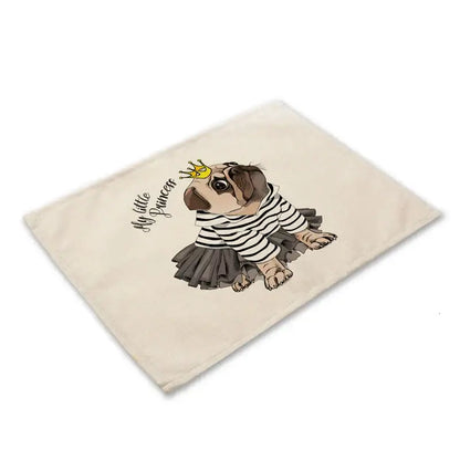 Cute dog linen dining mats set of 6 pug illustrations
