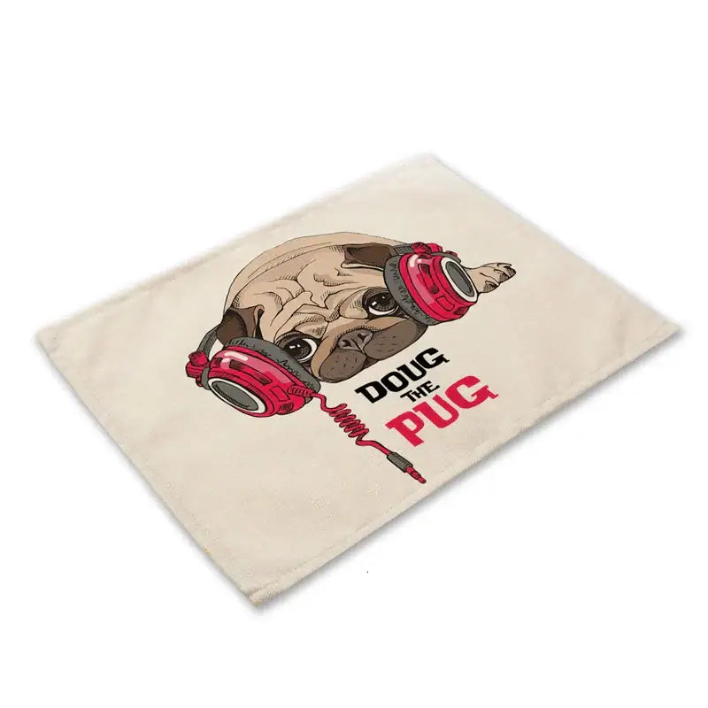 Cute dog linen dining mats set of 6 pug illustrations