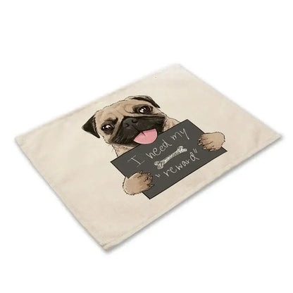 Cute dog linen dining mats set of 6 pug illustrations