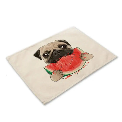 Cute dog linen dining mats set of 6 pug illustrations