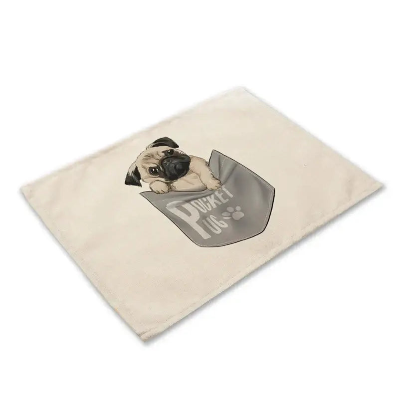 Cute dog linen dining mats set of 6 pug illustrations