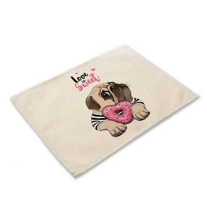 Cute dog linen dining mats set of 6 pug illustrations
