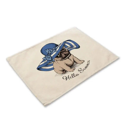 Cute dog linen dining mats set of 6 pug illustrations
