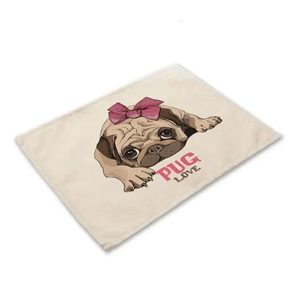 Cute dog linen dining mats set of 6 pug illustrations