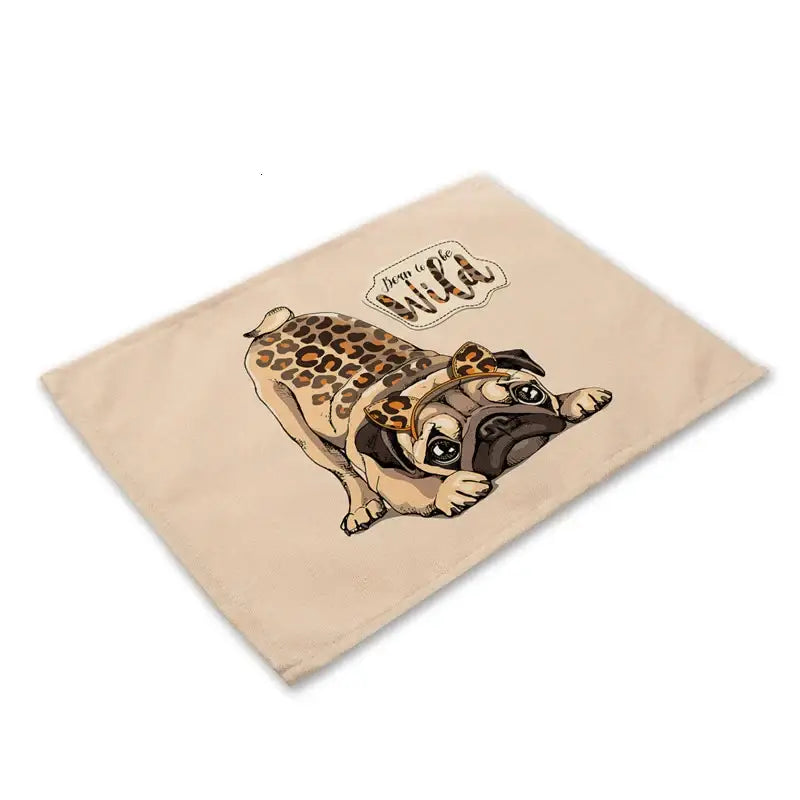 Cute dog linen dining mats set of 6 pug illustrations