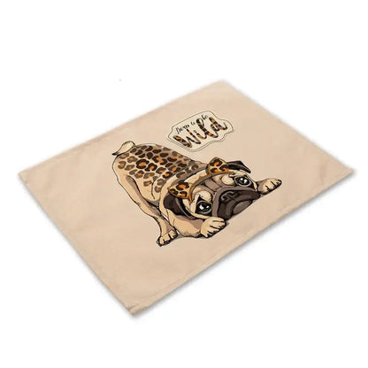 Cute dog linen dining mats set of 6 pug illustrations