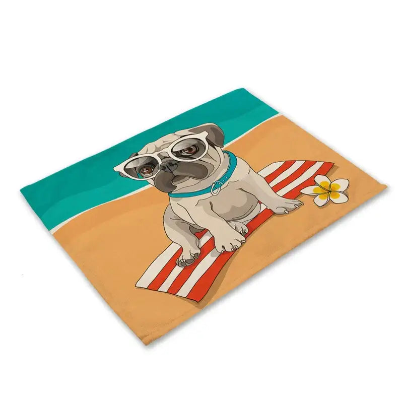 Cute dog linen dining mats set of 6 pug illustrations