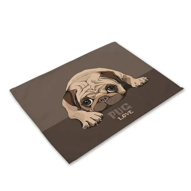 Cute dog linen dining mats set of 6 pug illustrations