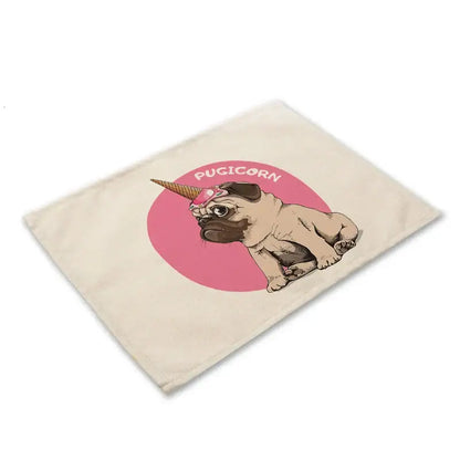 Cute dog linen dining mats set of 6 pug illustrations