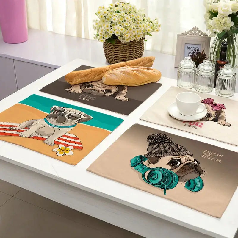 Cute dog linen dining mats set of 6 pug illustrations