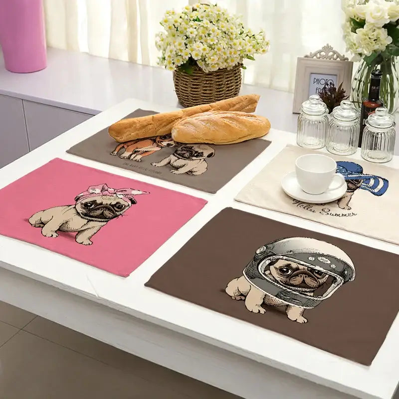 Cute dog linen dining mats set of 6 pug illustrations