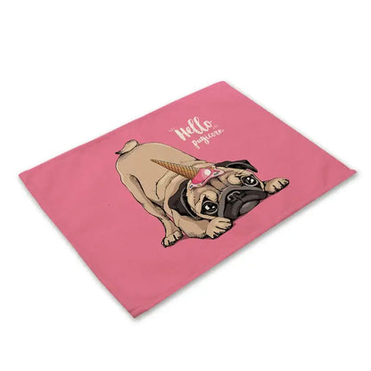 Cute dog linen dining mats set of 6 pug illustrations