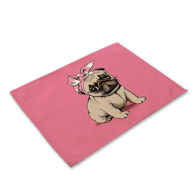 Cute dog linen dining mats set of 6 pug illustrations