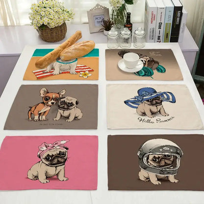 Cute dog linen dining mats set of 6 pug illustrations
