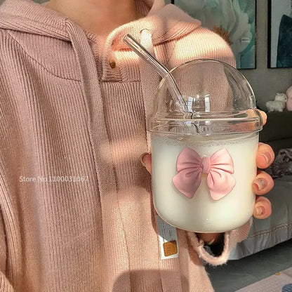 Cute glass cup with pink bow tie – kitchen coffee tumbler