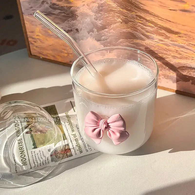 Cute glass cup with pink bow tie – kitchen coffee tumbler