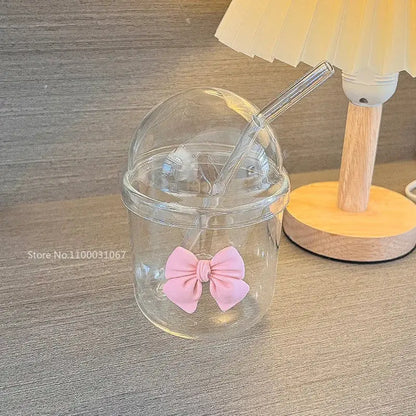 Cute glass cup with pink bow tie – kitchen coffee tumbler