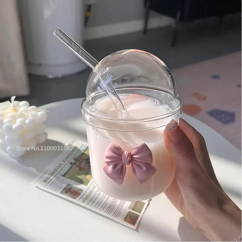 Cute glass cup with pink bow tie – kitchen coffee tumbler