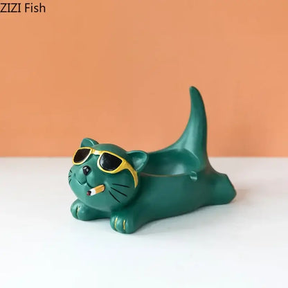 Cute glasses cat ashtray – living room resin figurine decor