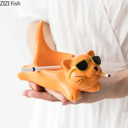 Cute glasses cat ashtray – living room resin figurine decor