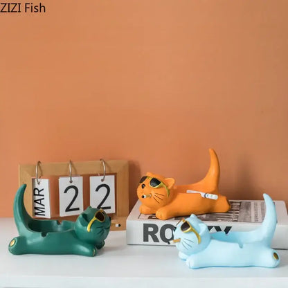 Cute glasses cat ashtray – living room resin figurine decor