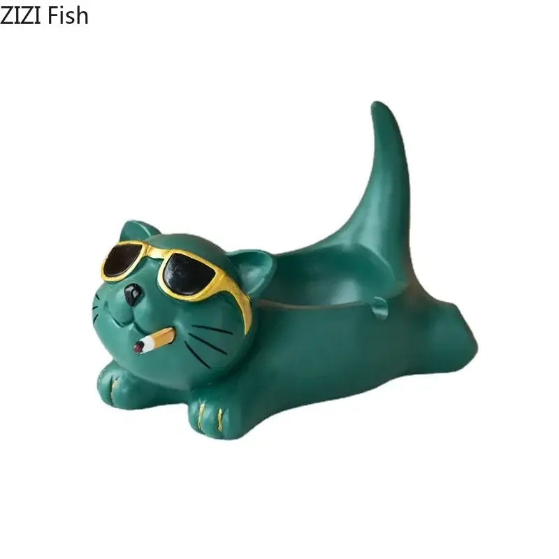 Cute glasses cat ashtray – living room resin figurine decor