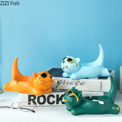 Cute glasses cat ashtray – living room resin figurine decor
