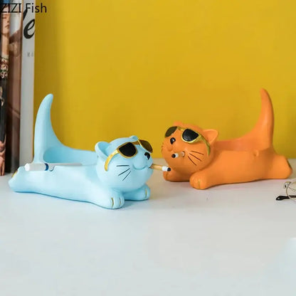 Cute glasses cat ashtray – living room resin figurine decor