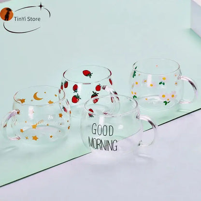 Cute letter glass mug kitchen printed fruit and flower drinkware
