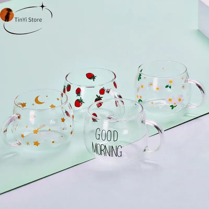 Cute letter glass mug kitchen printed fruit and flower drinkware