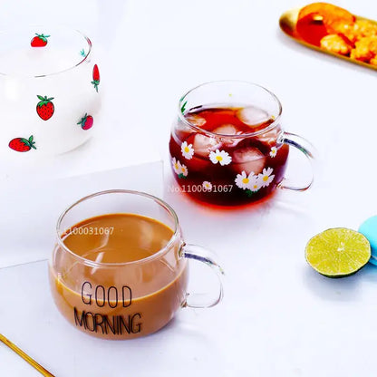 Cute letter glass mug kitchen printed fruit and flower drinkware