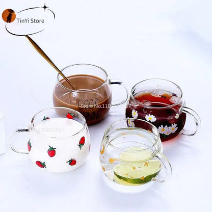 Cute letter glass mug kitchen printed fruit and flower drinkware