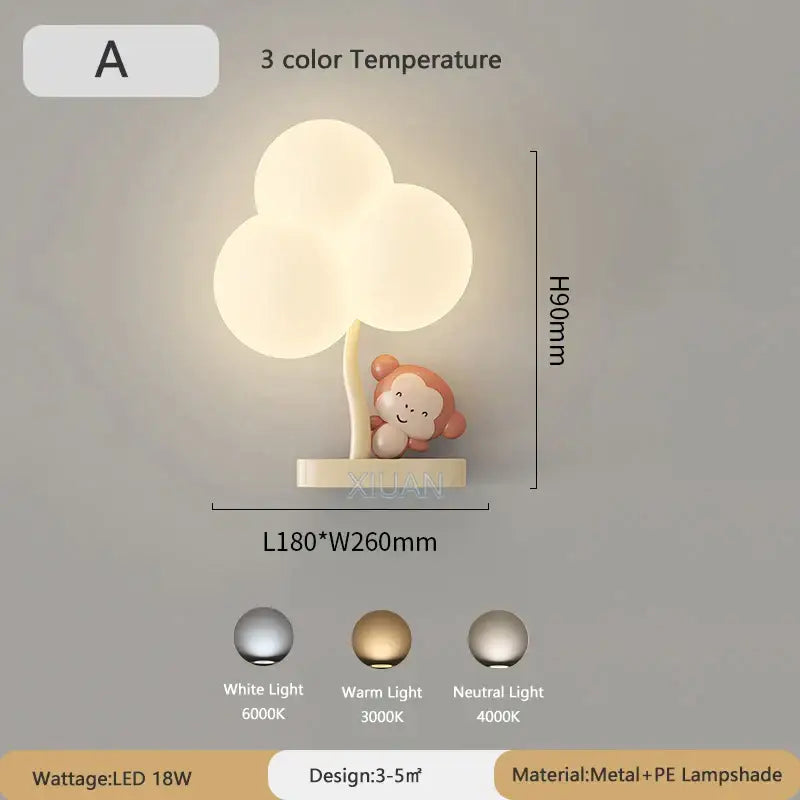 Cute monkey tree wall lamp bedroom cloud shape light