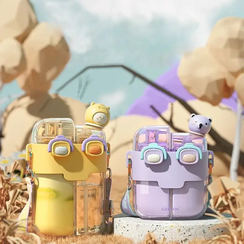 Cute pastel animal double-bin sippy cup kitchen kids water bottle