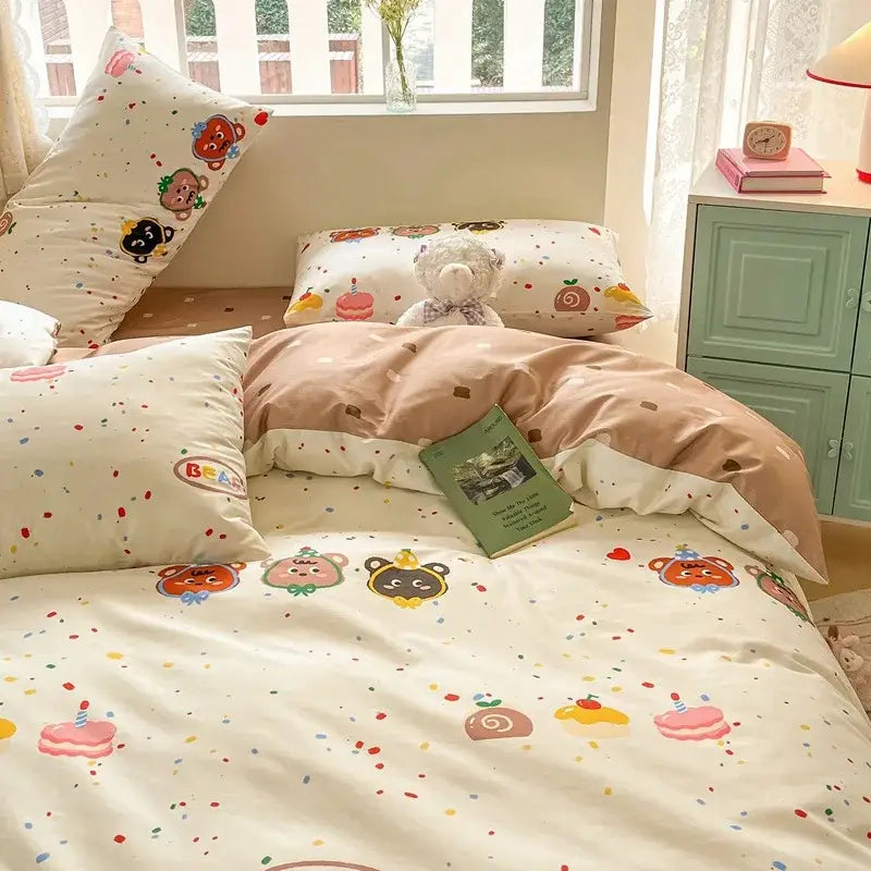 Cute pastel bear cotton bedding set bedroom floral print