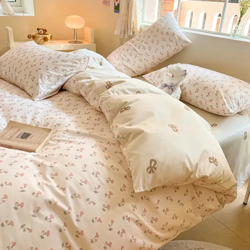 Cute pastel bear cotton bedding set bedroom floral print