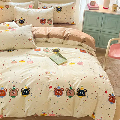 Cute pastel bear cotton bedding set bedroom floral print